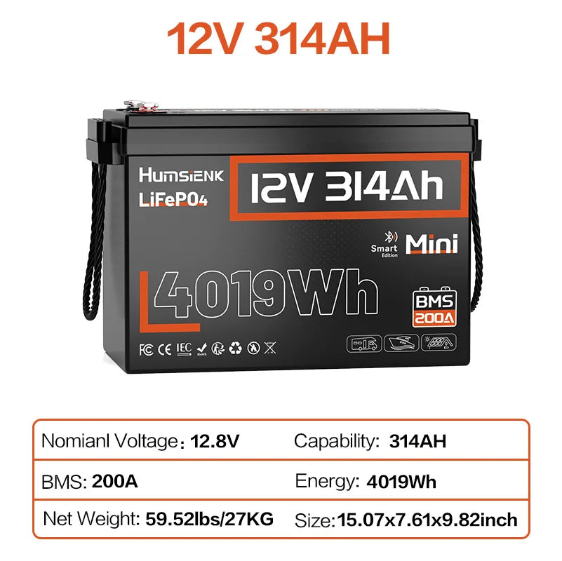 12V 100Ah 150Ah 200Ah 314Ah LiFePO4 Battery Built-in BMS Low Temperature Protection For  RV/ Camp/ Solar Energy Storage