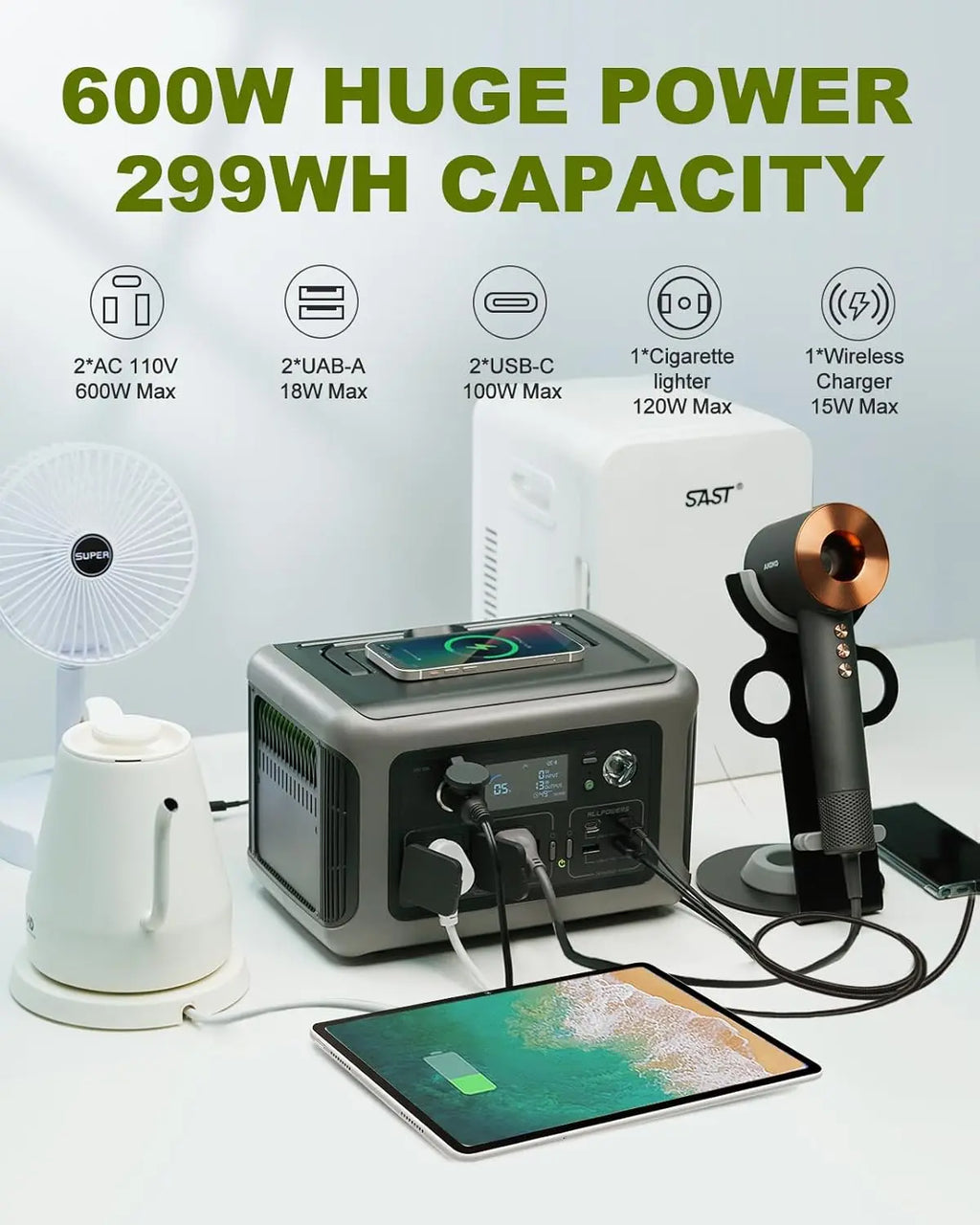 Portable Power Station R600, 299Wh LiFeP04 Battery